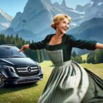An animated woman, styled after Maria from a classic musical, spins with outstretched arms in front of a luxury car, set against the Austrian Alps.