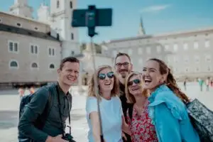 Selfie spot at Residenzplatz with Salzburg Cathedral in the background