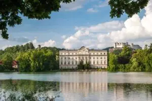 View of Schloss Leopoldskron with Hohensalzburg Fortress in the background