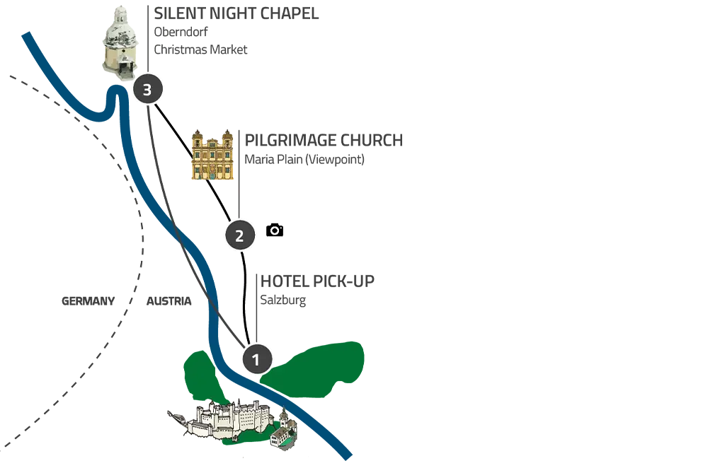 Map showing the route of the Singing Silent Night Tour from Salzburg to Oberndorf.